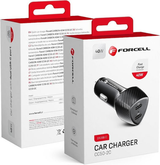 Forcell Автомобилен Заряден Устройство 40W Бързо Зареждане с 2x USB-C Порта Черен Цвят