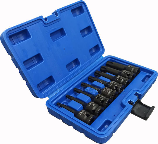 SKS Tools Lange Bit-Stecknüsse Pneumatisch mit Bits Torx und Antriebsvierkant 1/2'' Set 8Stück