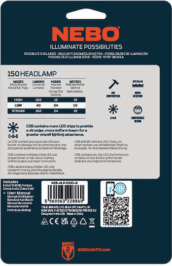 Nebo Φακός Κεφαλής LED IPX4 με Μέγιστη Φωτεινότητα 150lm