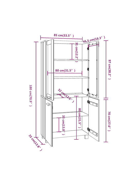 Floor-standing Living Room Display Cabinet made of Solid Wood with Glass Honey Brown 85x35x80cm