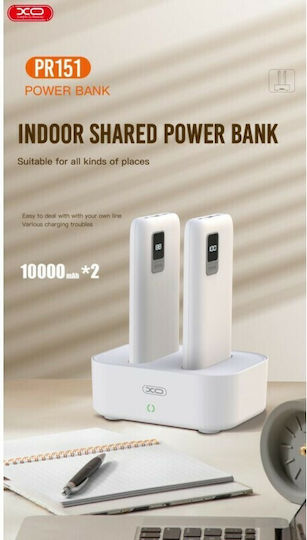 XO PR151 με Οθόνη και Βάση Φόρτισης x2 Power Bank 10000mAh με 4 Θύρες USB-A και 2 Θύρες USB-C Λευκό