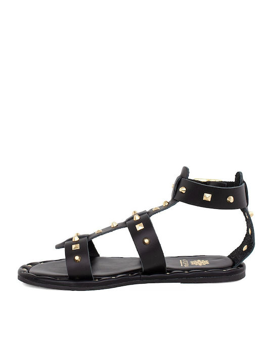Leather Women's Flat Sandals Gladiator in Black Color