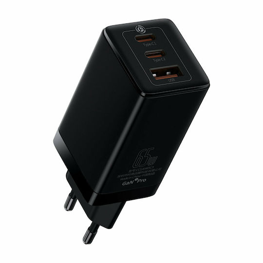 Baseus Φορτιστής GaN με Θύρα USB-A και 2 Θύρες USB-C και Καλώδιο USB-C 65W Power Delivery / Quick Charge 4.0 Μαύρος (GaN3 Pro)