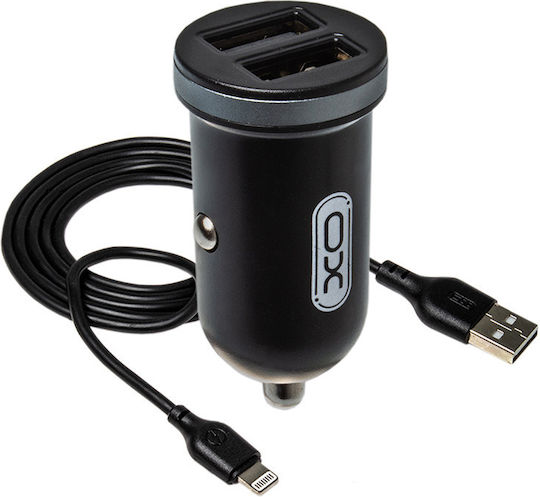 XO TZ08 Auto Ladegerät 10W 2.1A mit 2xUSB-A Anschlüssen inklusive Lightning Kabel Schwarz Farbe