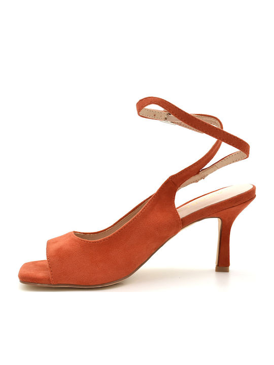 Suede Peep Toe Orange Medium Heels with Strap