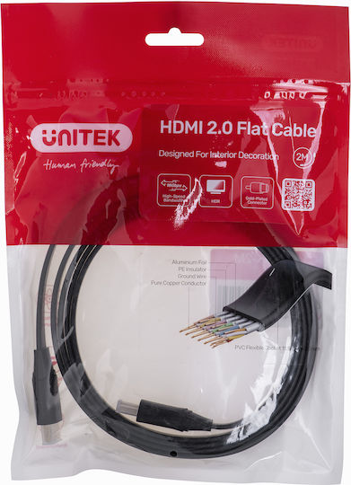Unitek Flat Cable HDMI male - HDMI male 2m Μαύρο