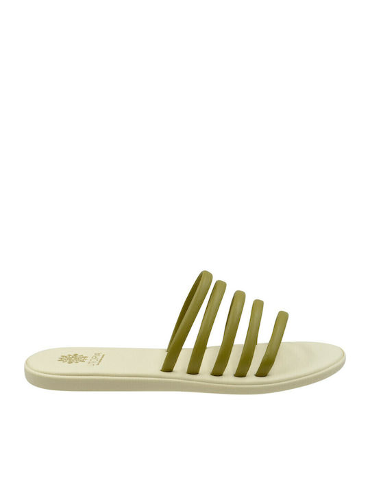 Leather Women's Flat Sandals in Khaki Color