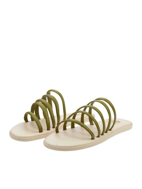 Leather Women's Flat Sandals in Khaki Color