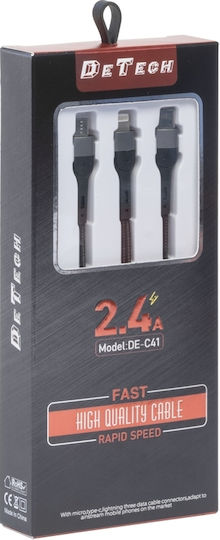 DE-C40 Regular Cablu USB la Lightning / Type-C / micro USB cu mai multe porturi Negru 1.2m (40204)