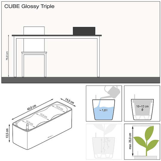 Lechuza Cube Glossy Triple Самополивен Кутия за саксии Пластмаса Черен 14x40x13.5см.