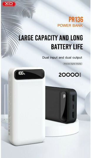 XO PR136 Power Bank 20000mAh με 2 Θύρες USB-A Μαύρο