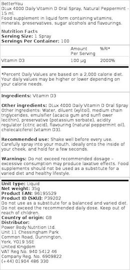 BetterYou DLux 4000 Vitamin D Vitamina pentru Întărirea Sistemului Imunitar & Sănătatea Oaselor 4000iu Menta 15ml