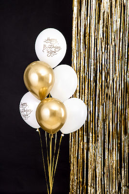 Ballon Weiß mit Gold "Happy Birthday", 5 Stück, 30cm.