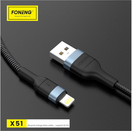 Foneng X51 Плетена USB-A към Lightning кабел Черен 2м