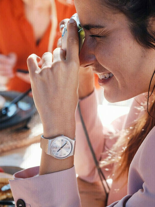 Swatch Datebaya Γυναικείο Ρολόι 34mm Μπαταρίας με Ροζ Χρυσό Καουτσούκ Λουράκι