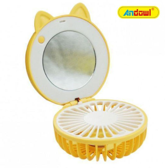 Andowl Q-T171 USB Rechargeable 500mAh Portable LED Mirror with Built-in Fan Yellow