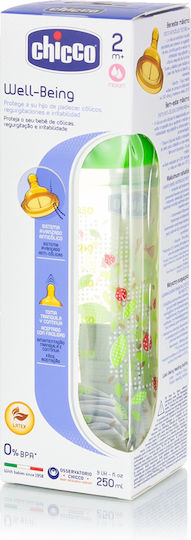 Chicco Sticlă de Plastic pentru Bebelusi Well Being Anti-Colici cu Tetină din Cauciuc pentru 2+ luni Green 250ml