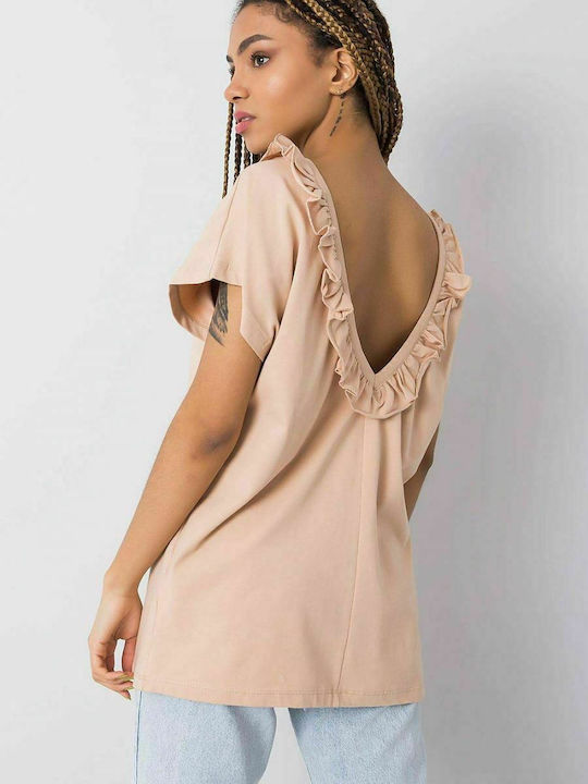 Fancy Damen Sommer Bluse Baumwolle Kurzärmelig Beige