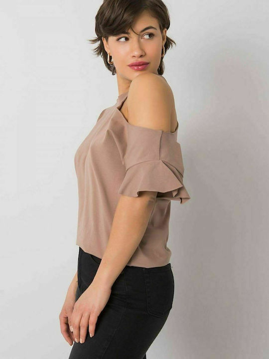 Fancy Damen Sommer Bluse Baumwolle Kurzärmelig Beige