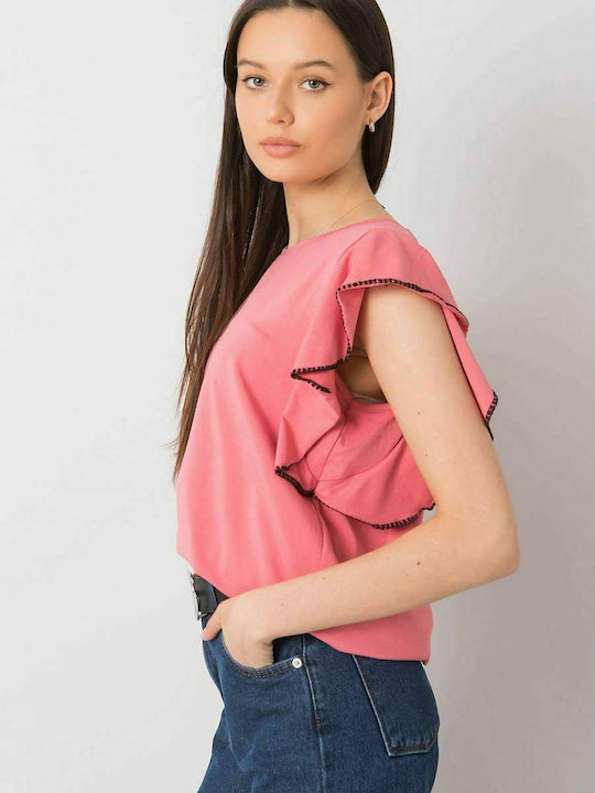 Fancy Damen Sommer Bluse Baumwolle Kurzärmelig Rosa