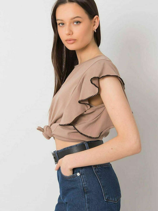 Fancy Damen Sommer Bluse Baumwolle Kurzärmelig Beige