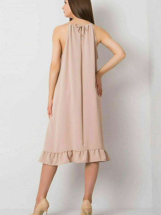 Fancy Summer Midi Dress with Ruffle Beige