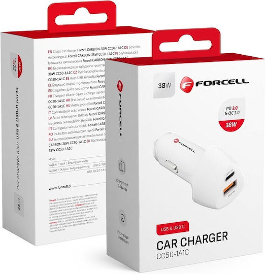 Forcell CC50-1A1C Handy-Autoladegerät 38W 5A Schnellladen mit Anschlüssen: 1xUSB 1xType-C Weiß Farbe