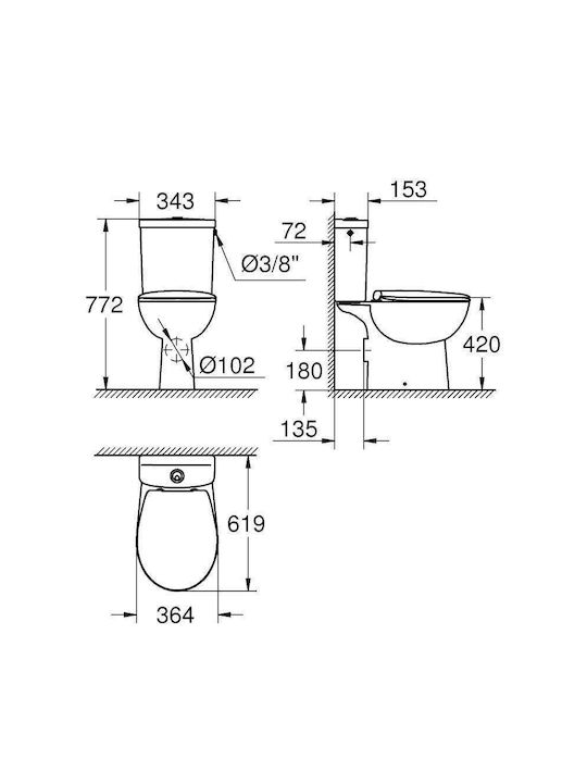Grohe Bau Toaletă de podea cu sistem de descărcare cu Capac Închidere lentă Albă