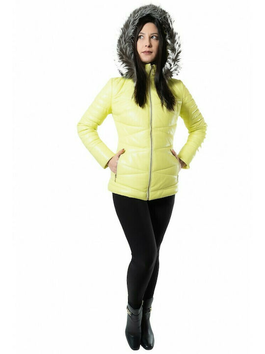 4107 DAMEN LEDERJACKE MIT SCHNALLE UND NATURPELZ GELB