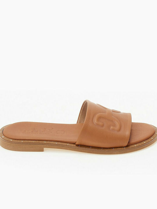 Leather Women's Flat Sandals in Tabac Brown Color