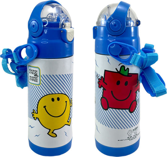 CHartini Poli Kids Water Bottle Mr. Men and Little Miss Plastic with Straw Blue 450ml