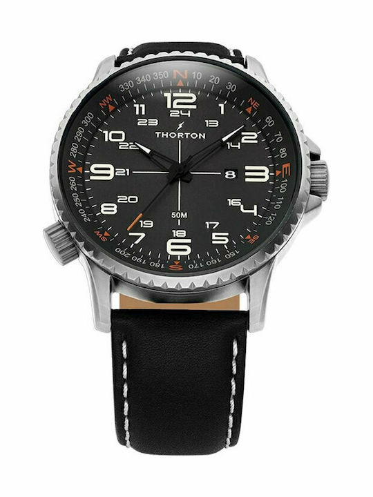 Thorton Kalf Ανδρικό Ρολόι 47mm Μπαταρίας με Μαύρο Δερμάτινο Λουράκι