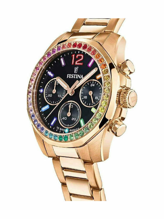 Festina Γυναικείο Ρολόι 38mm Χρονογράφος Μπαταρίας με Ροζ Χρυσό Μεταλλικό Μπρασελέ