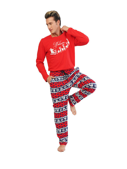 Vienetta Secret Men's Winter Cotton Pajamas Set Red