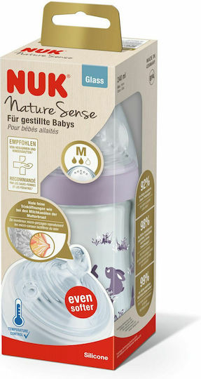 Nuk Glass Baby Bottle Nature Sense Pink Rabbit Anti-Colic with Silicone Nipple for 0+, 0+ m, months Pink Bunnies 240ml