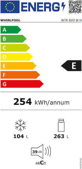 Whirlpool Ψυγειοκαταψύκτης 367lt Total NoFrost Υ202.7xΠ59.6xΒ67.8εκ. Λευκός W7X 92O W H