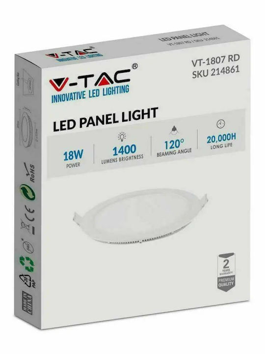 V-TAC Round Recessed LED Panel 18W with Natural White Light 21x21cm