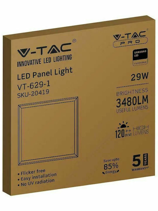 V-TAC Pătrat Încastrat Panou LED Putere 29W cu Alb Natural Lumini 60x60cm.