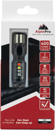 AlpinPro Rechargeable Keychain Flashlight LED IP65 with Maximum Brightness 400lm Transparent Silver