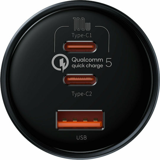 Baseus Φορτιστής Αυτοκινήτου 160W Γρήγορης Φόρτισης με Θύρες: 1xUSB 2xType-C μαζί με Καλώδιο Type-C Γκρι Χρώμα