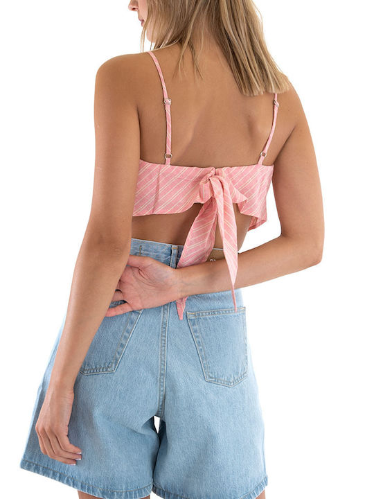 Only Women's Summer Crop Top Linen with Straps Striped Pink