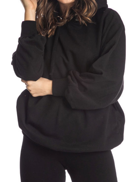 Long Women's Sweatshirt Hooded Total Black
