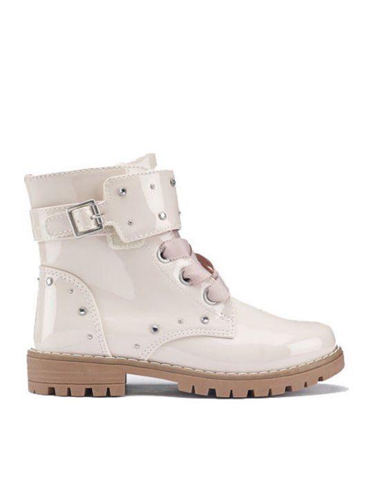 Biker Kinderstiefel aus Lackleder mit Schnürsenkeln Beige