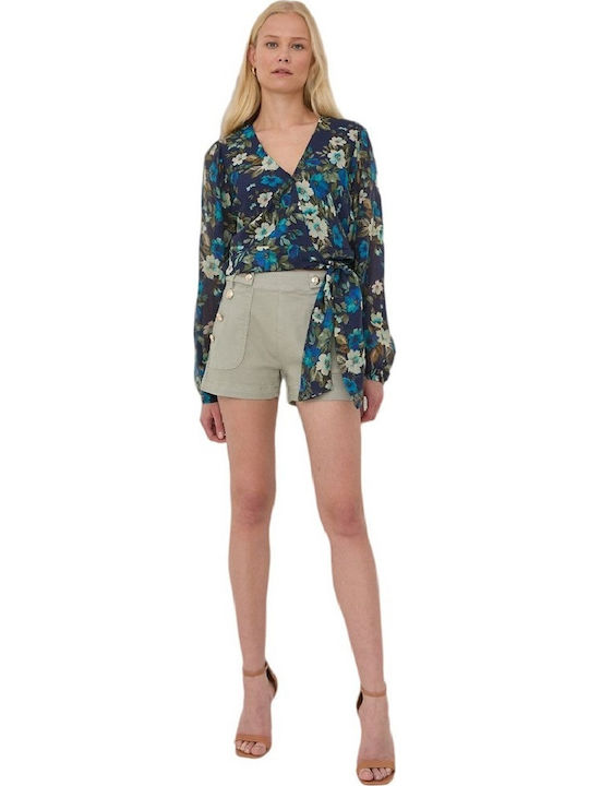 Edwige Γυναικείο Crop Top Μακρυμάνικο με V Λαιμόκοψη Floral Navy Μπλε