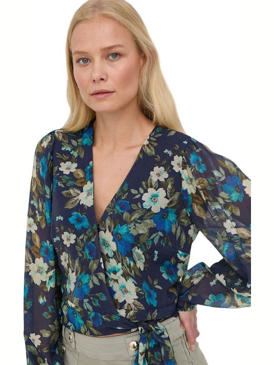 Edwige Γυναικείο Crop Top Μακρυμάνικο με V Λαιμόκοψη Floral Navy Μπλε