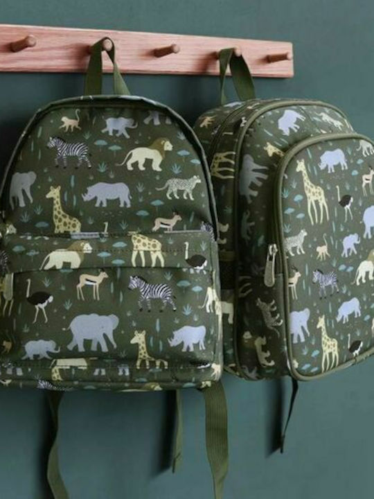 A Little Lovely Company Savanna School Bag Backpack Kindergarten Green with Water Bottle Holder 16Liters