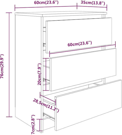 Wooden Chest of Drawers with 3 Drawers Coffee 60x35x76cm