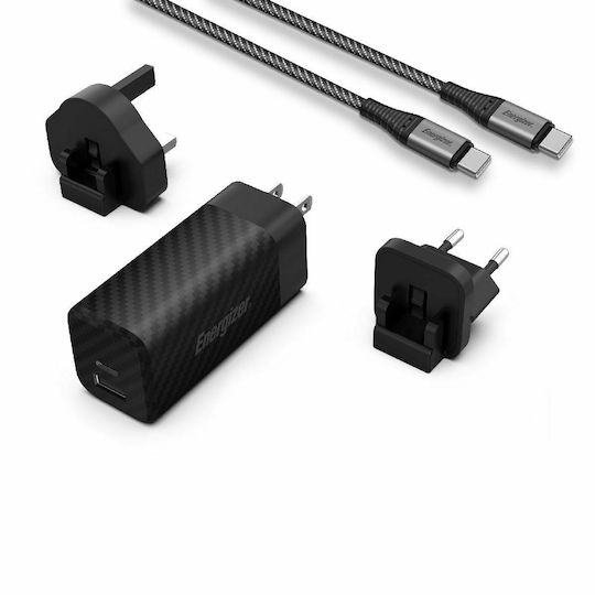 Energizer Φορτιστής GaN με Θύρα USB-A και Θύρα USB-C και Καλώδιο USB-C 90W Power Delivery Μαύρος (A90MUC EU / UK / US)
