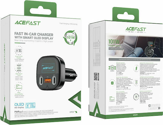 Acefast B5 Auto-Ladegerät 101W 4A Schnellladung mit Anschlüssen: 1xUSB 2xType-C Schwarz Farbe