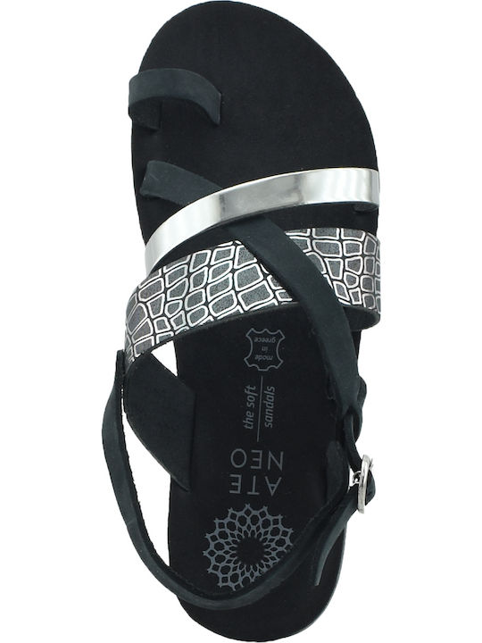 Leather Women's Flat Sandals in Black Color